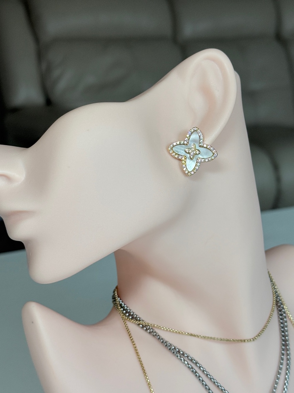 Italian S925 Gold Tone White Mother-of-Pearl Floral Stud Earrings
